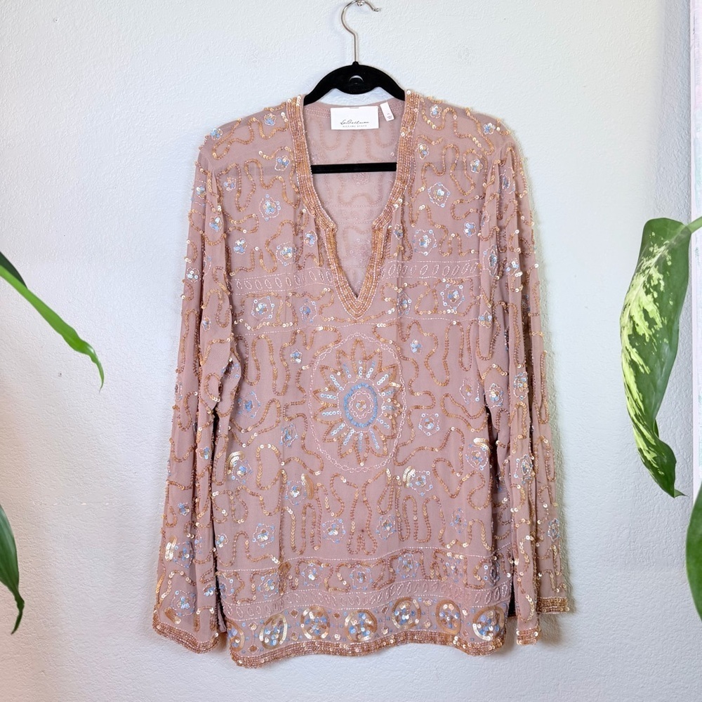 Hillary Scott LaBellum Sheer Tan Blue Beaded Sequined Bohemian Festival Top XL